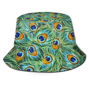 Unisex Summer Travel Bucket Beach Sun Hat - Green Fabric Peacock Feathers