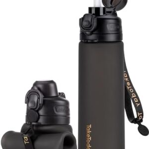 Collapsible Water Bottles 20oz, Leak Proof, BPA-Free, Foldable Silicone Travel Water Bottle with Straw Strap for Cycling, Hiking, Outdoors