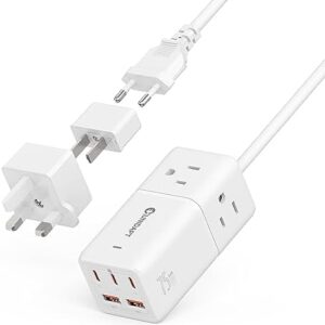 Travel Power Strip, Unidapt 5ft Extension Cord US to Europe, UK, Plug Adapter GAN 75W with 3 USB C PD and 2 QC USB Ports, 3 AC Outlets, Compact for International Travel, Home, Cruise, Office