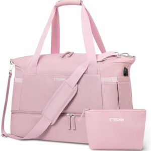 ETRONIK Gym Bag for Women, Travel Duffel Bag with USB Charging Port, Weekender Overnight Bag with Wet Pocket and Shoes Compartment for Women, Travel, Gym, Yoga (Pink)