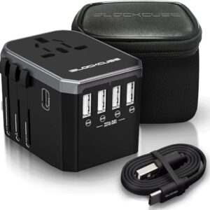 Universal Travel AC Power Plug Adapter with International Socket | 4 USB 5.6A + 1 Type-C 3.0A Multiple Electrical Ports for US EU AU UK up to 150+ Countries Worldwide Type A G I (Silver)