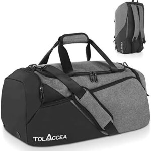 Tolaccea Gym Bag for Men Women, Large Sport Duffel Bag with Shoe Compartment Wet Compartment, Travel Duffel Bag Backpack, Weekend Bag Carry On Backpack for Gym, Travel, Fitness, Workout (Grey, 47L)
