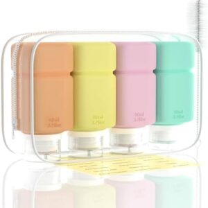Travel Bottles for Toiletries, TSA Approved Travel Size Containers for Shampoo Conditioner Lotion Body Wash, BPA Free Travel Toiletry Bottles with Clear Toiletry Bag, Cleaning Brush Label (4 Pack)