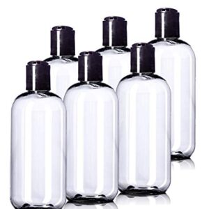 Aromine 8oz Plastic Bottles (6 Pack) BPA-Free Squeeze Clear Toiletries and Shampoo Containers with Disc Cap, Labels Included for Travel