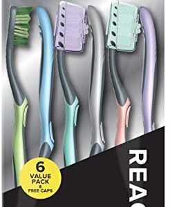 Reach Essentials Toothbrush with Toothbrush Caps, Multi-Zoned Angled Soft Bristles, Contoured Handle, Tongue Scraper, 6 Count