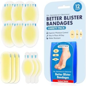 Dr. Frederick's Original Better Blister Bandages - 12ct - Water Resistant - 25% More Cushioning - Hydrocolloid Bandages for Foot, Toe, & Heel - Blister Pads for Prevention & Recovery - Variety Pack