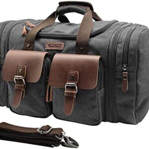 Wildroad 60L Travel Duffel Bag, Expandable Canvas Genuine Leather Duffle Bag Upgraded Overnight Weekender Bag Carry on Bag