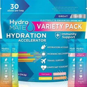 HydroMATE Electrolytes Powder Drink Mix Packets Hydration Accelerator Low Sugar Rapid Party Recovery Plus Vitamin C Variety Pack 30 Count